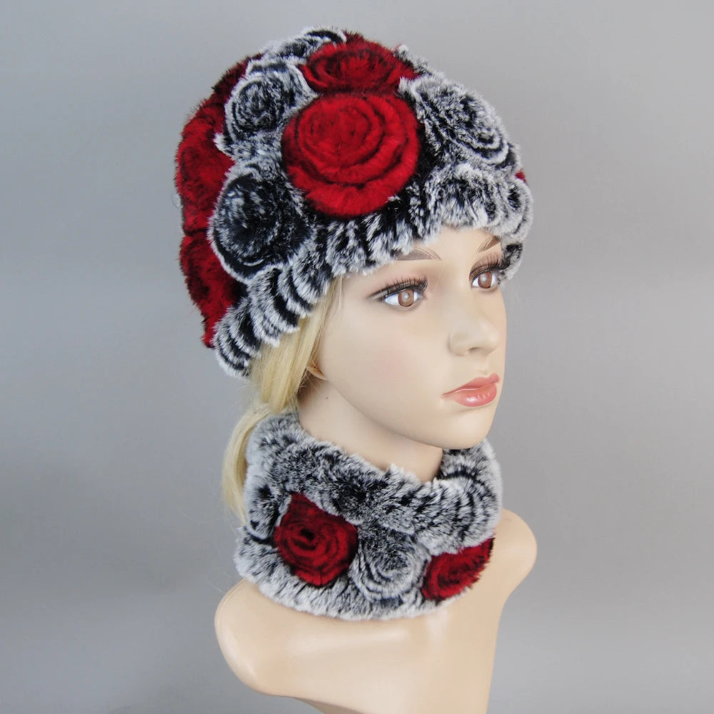 Knit Real Rex Rabbit Fur Hat Scarf Set