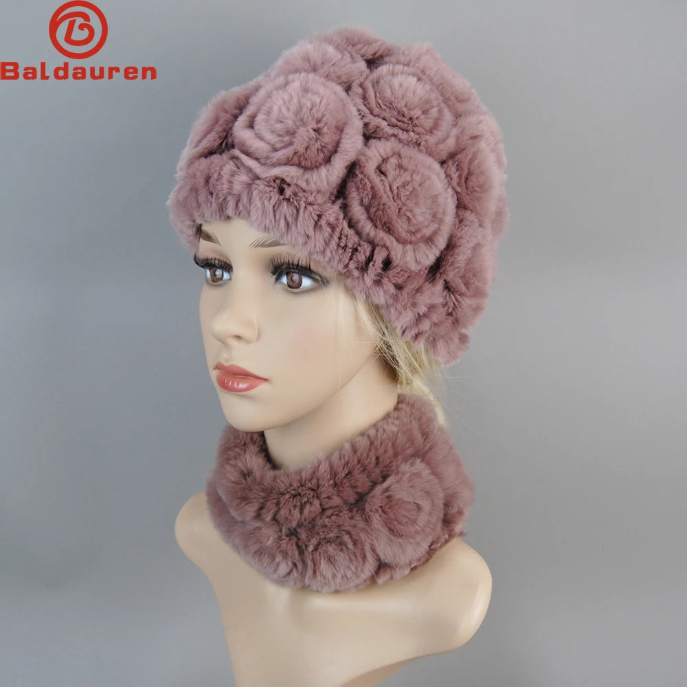 Knit Real Rex Rabbit Fur Hat Scarf Set