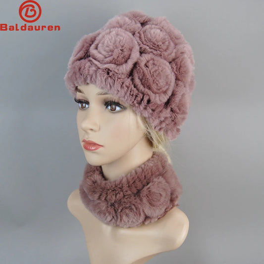 Knit Real Rex Rabbit Fur Hat Scarf Set