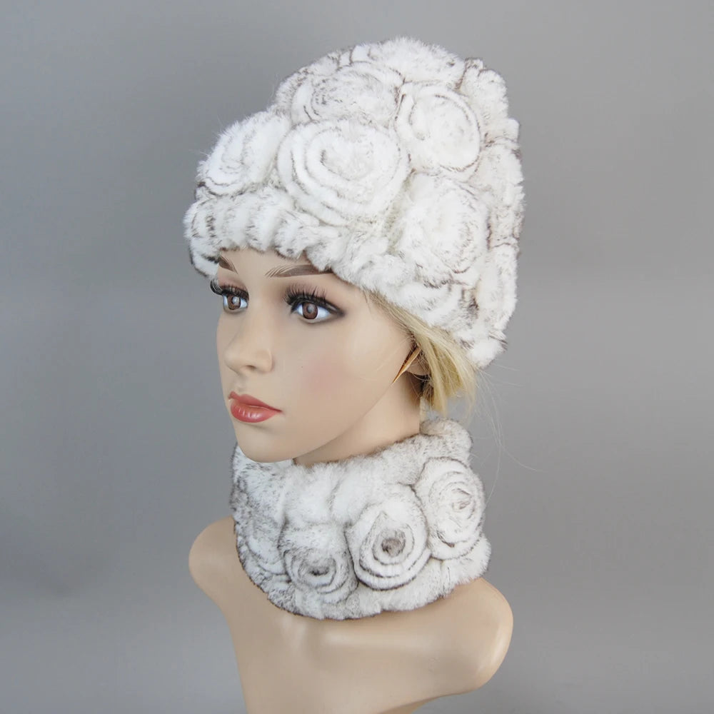 Knit Real Rex Rabbit Fur Hat Scarf Set