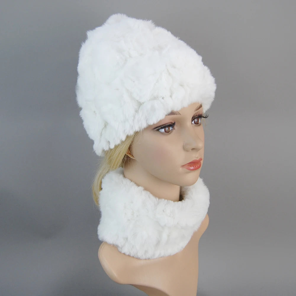 Knit Real Rex Rabbit Fur Hat Scarf Set