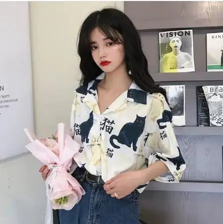 Harajuku Blouse Women Dragon Print Short Sleeve Blouse
