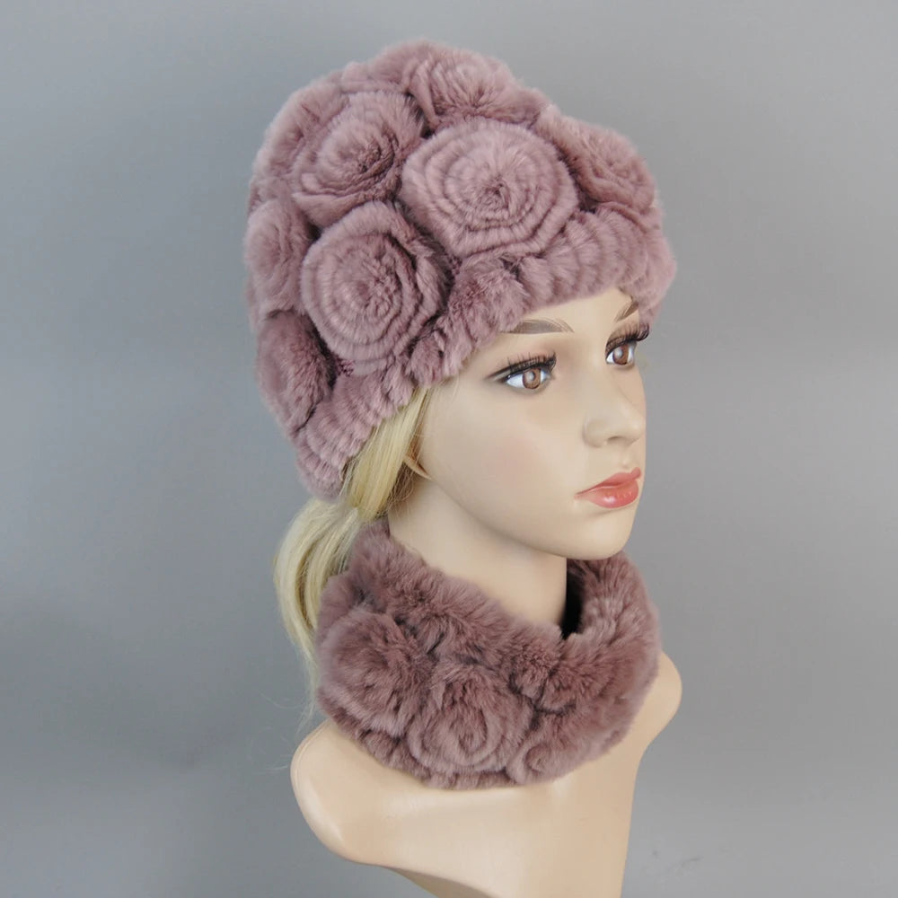 Knit Real Rex Rabbit Fur Hat Scarf Set