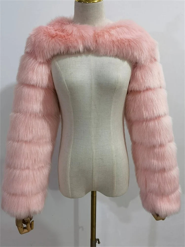 Faux Fur Coats Women Long Sleeve Crop Top