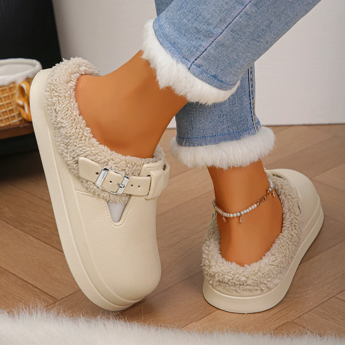 Waterproof EVA Furry Buckle Mule Slippers