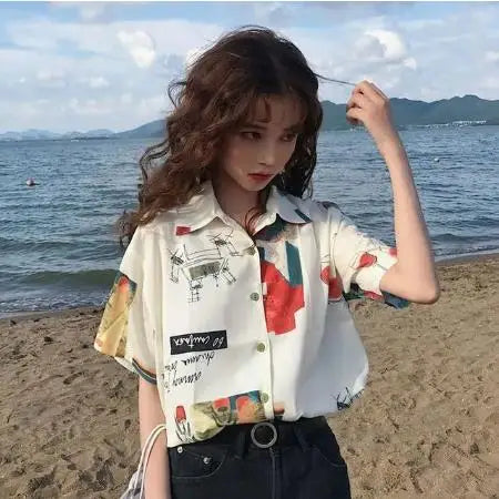 Harajuku Blouse Women Dragon Print Short Sleeve Blouse