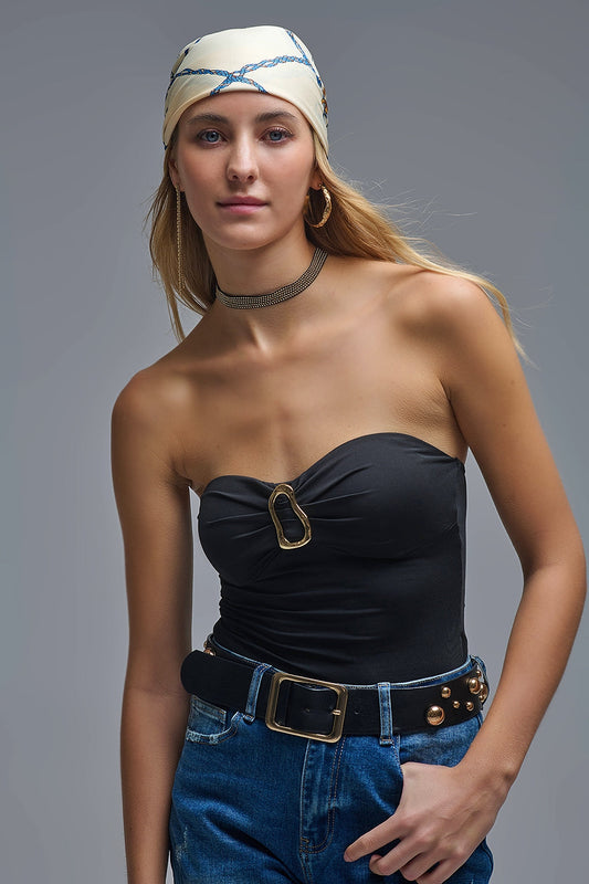 Black Strapless Bodysuit with Gold Metal Detail
