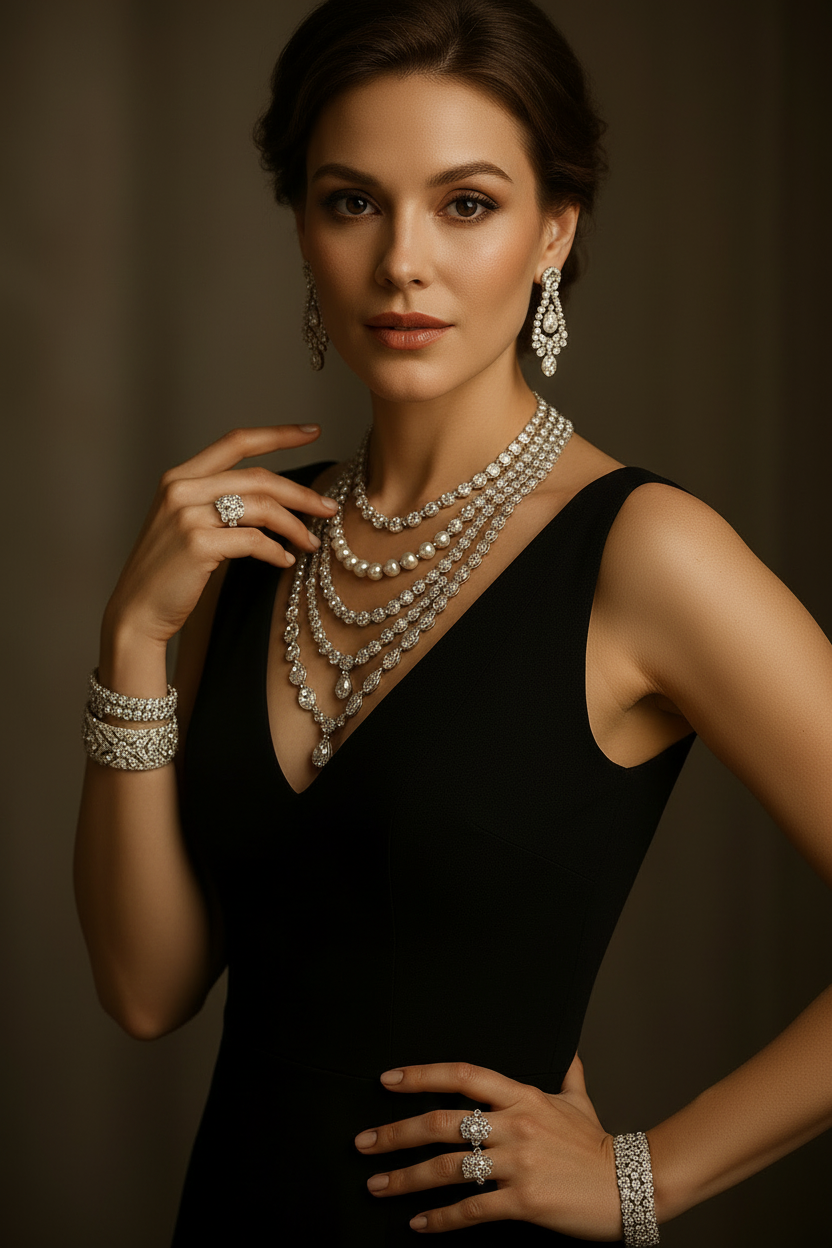 a woman dripped in elegant jewelry