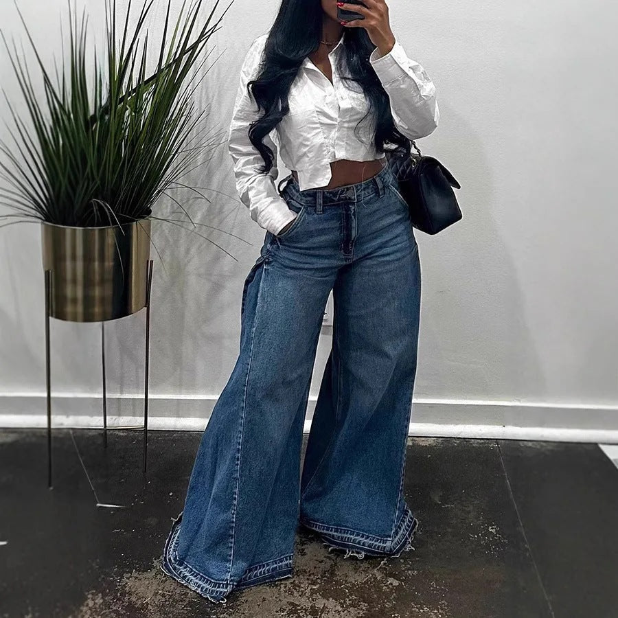 Fringe Wide-Leg Bell Bottom Jeans