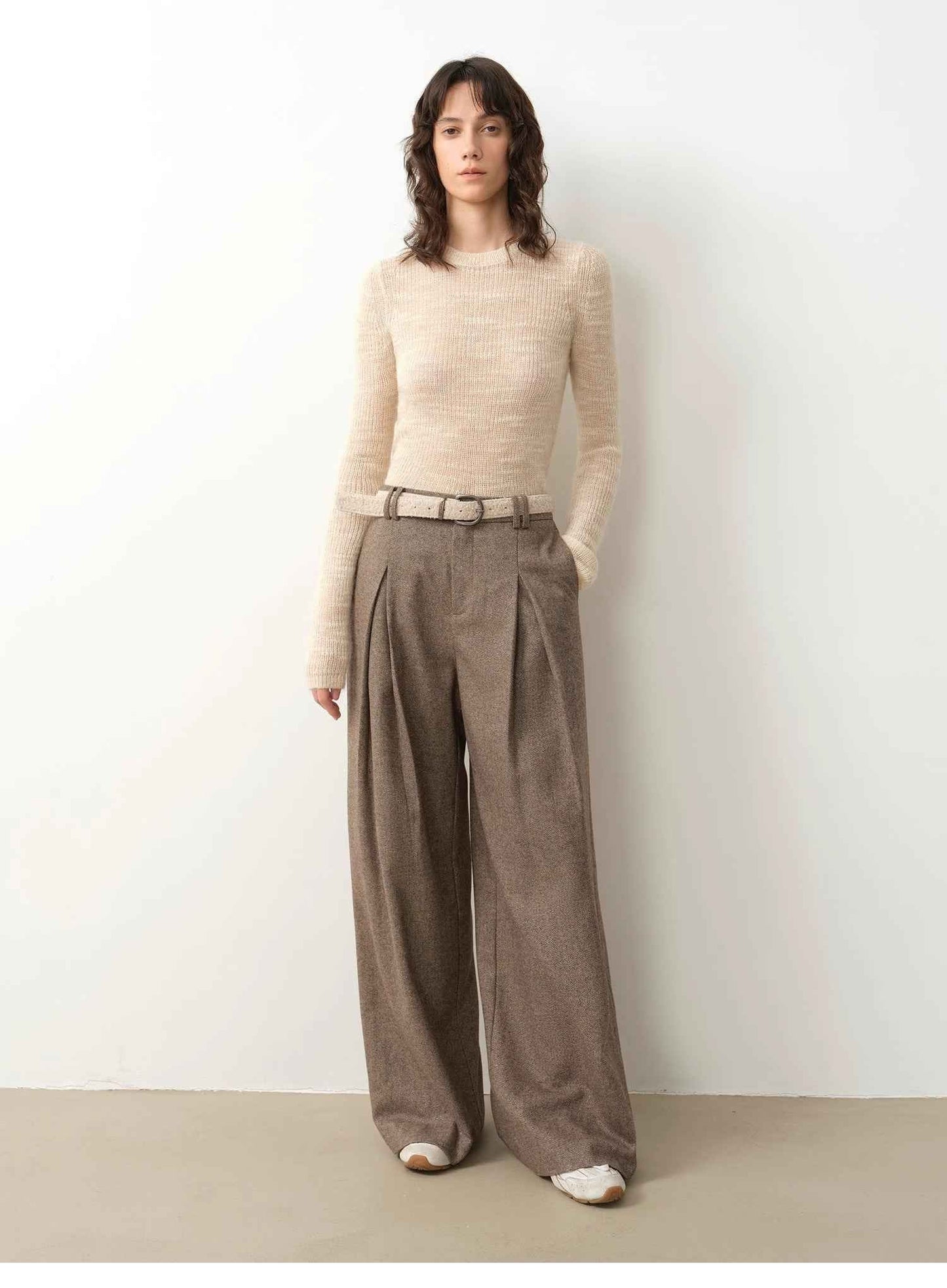 Casual & Relaxed Wool-Blend Double-Pleated Straight Draped Wide-Leg Casual Pants