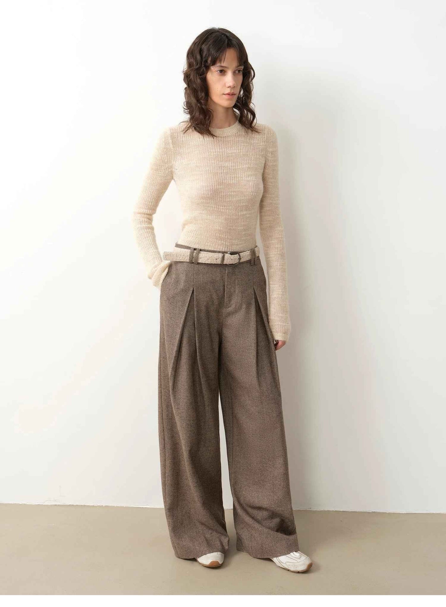 Casual & Relaxed Wool-Blend Double-Pleated Straight Draped Wide-Leg Casual Pants