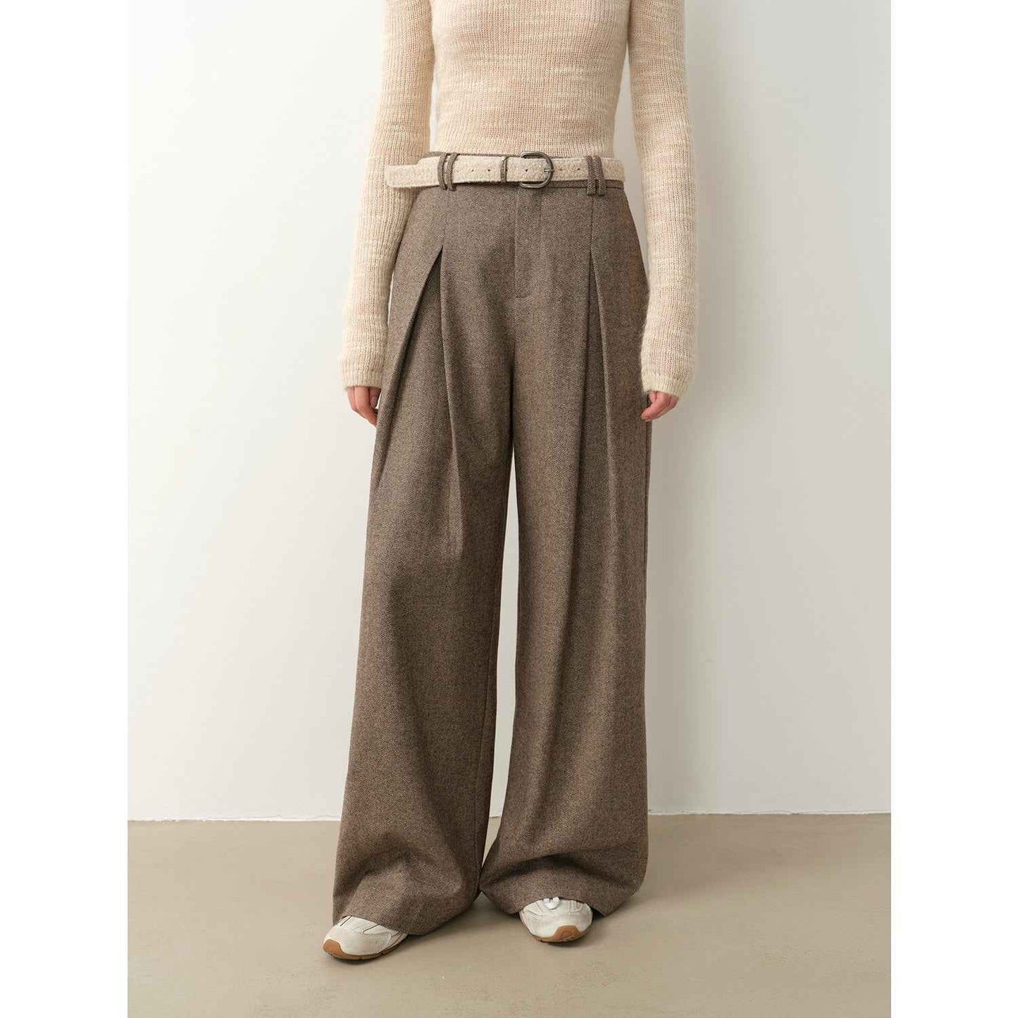 Casual & Relaxed Wool-Blend Double-Pleated Straight Draped Wide-Leg Casual Pants