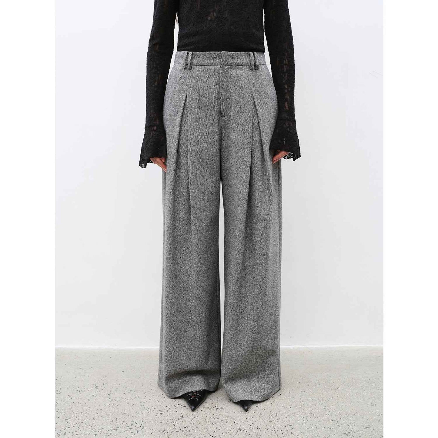 Casual & Relaxed Wool-Blend Double-Pleated Straight Draped Wide-Leg Casual Pants