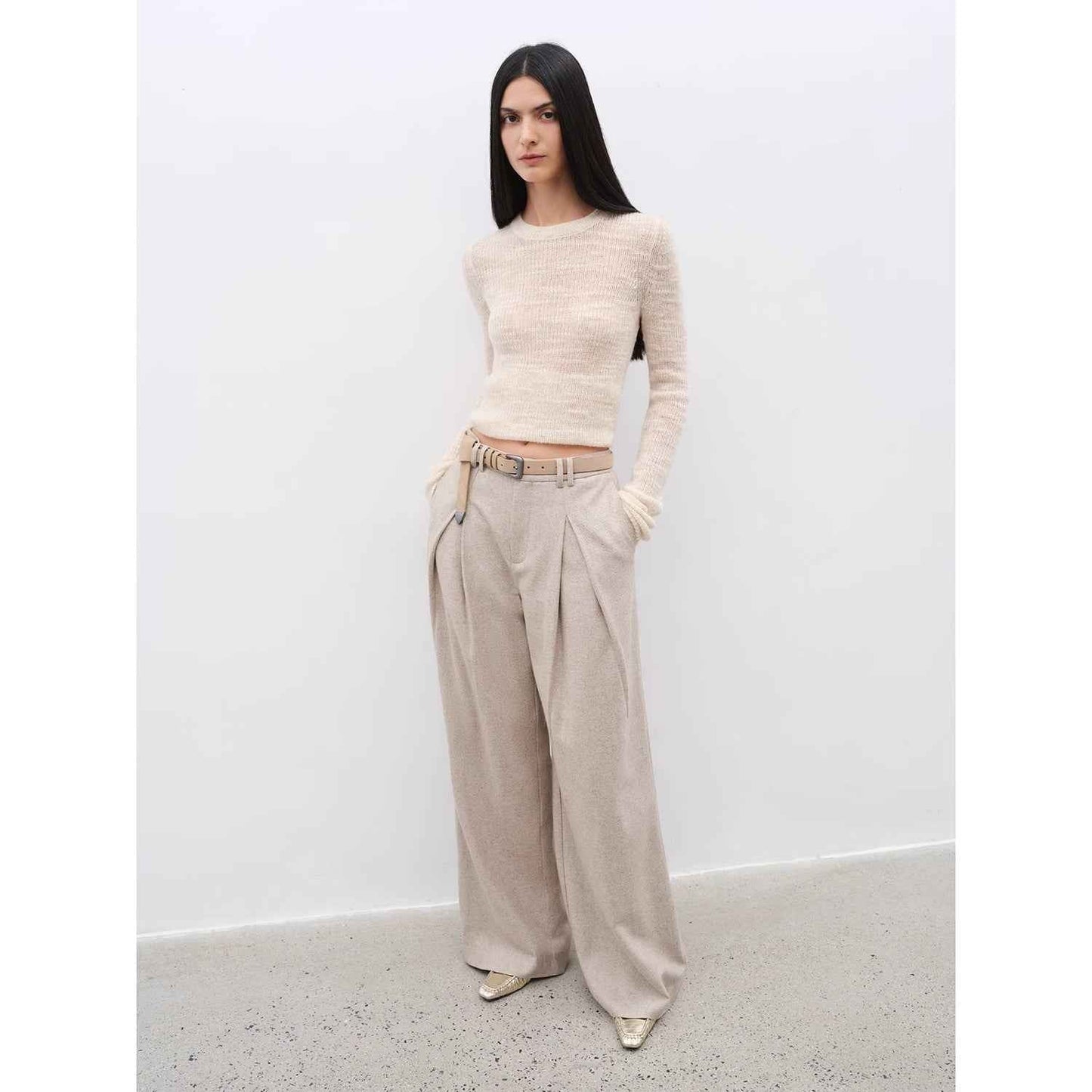 Casual & Relaxed Wool-Blend Double-Pleated Straight Draped Wide-Leg Casual Pants