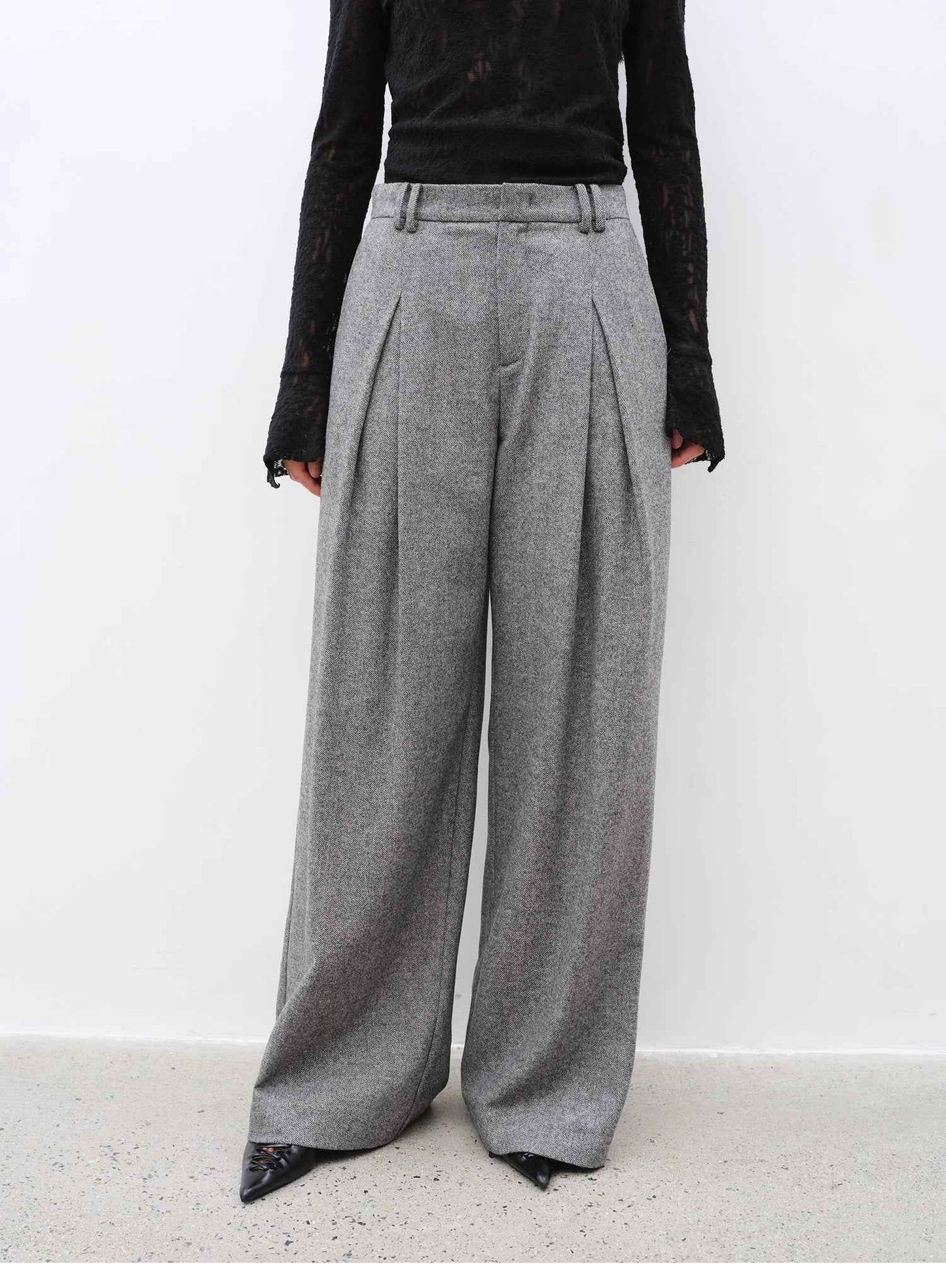 Casual & Relaxed Wool-Blend Double-Pleated Straight Draped Wide-Leg Casual Pants
