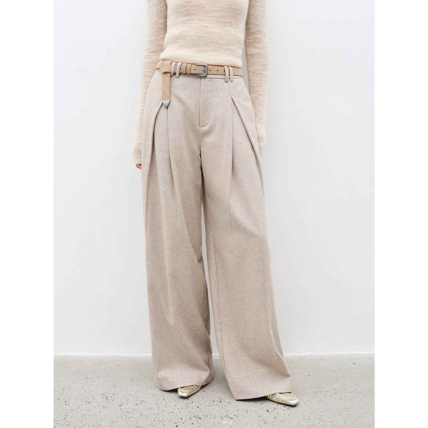 Casual & Relaxed Wool-Blend Double-Pleated Straight Draped Wide-Leg Casual Pants
