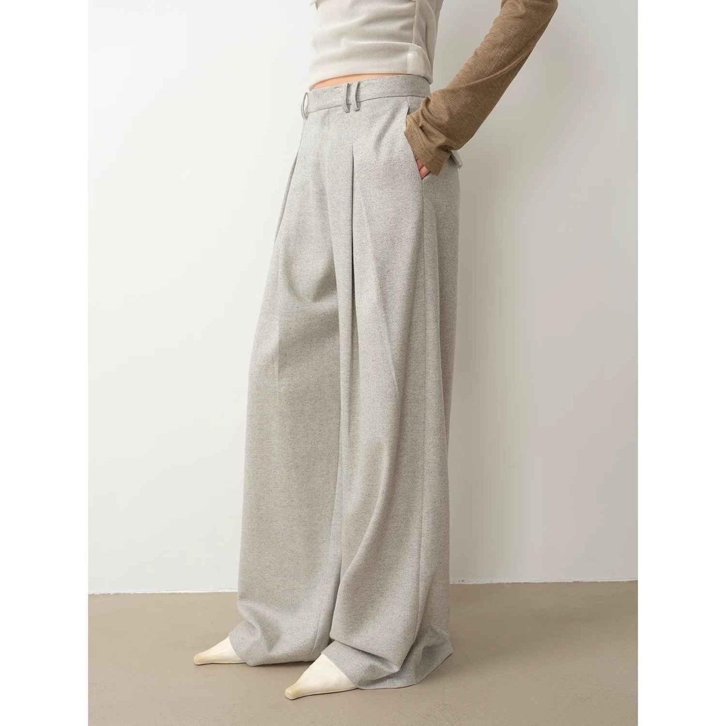 Casual & Relaxed Wool-Blend Double-Pleated Straight Draped Wide-Leg Casual Pants