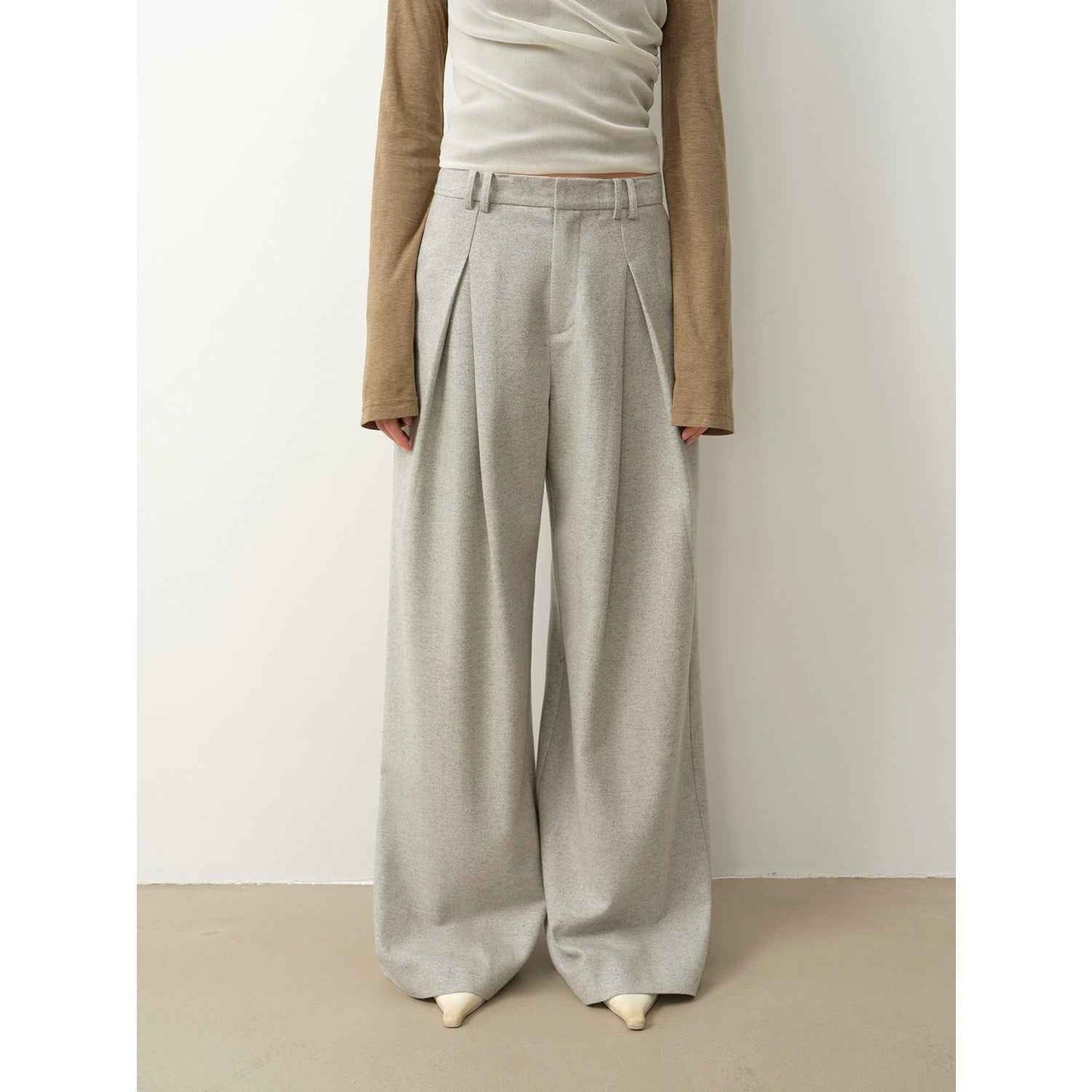 Casual & Relaxed Wool-Blend Double-Pleated Straight Draped Wide-Leg Casual Pants