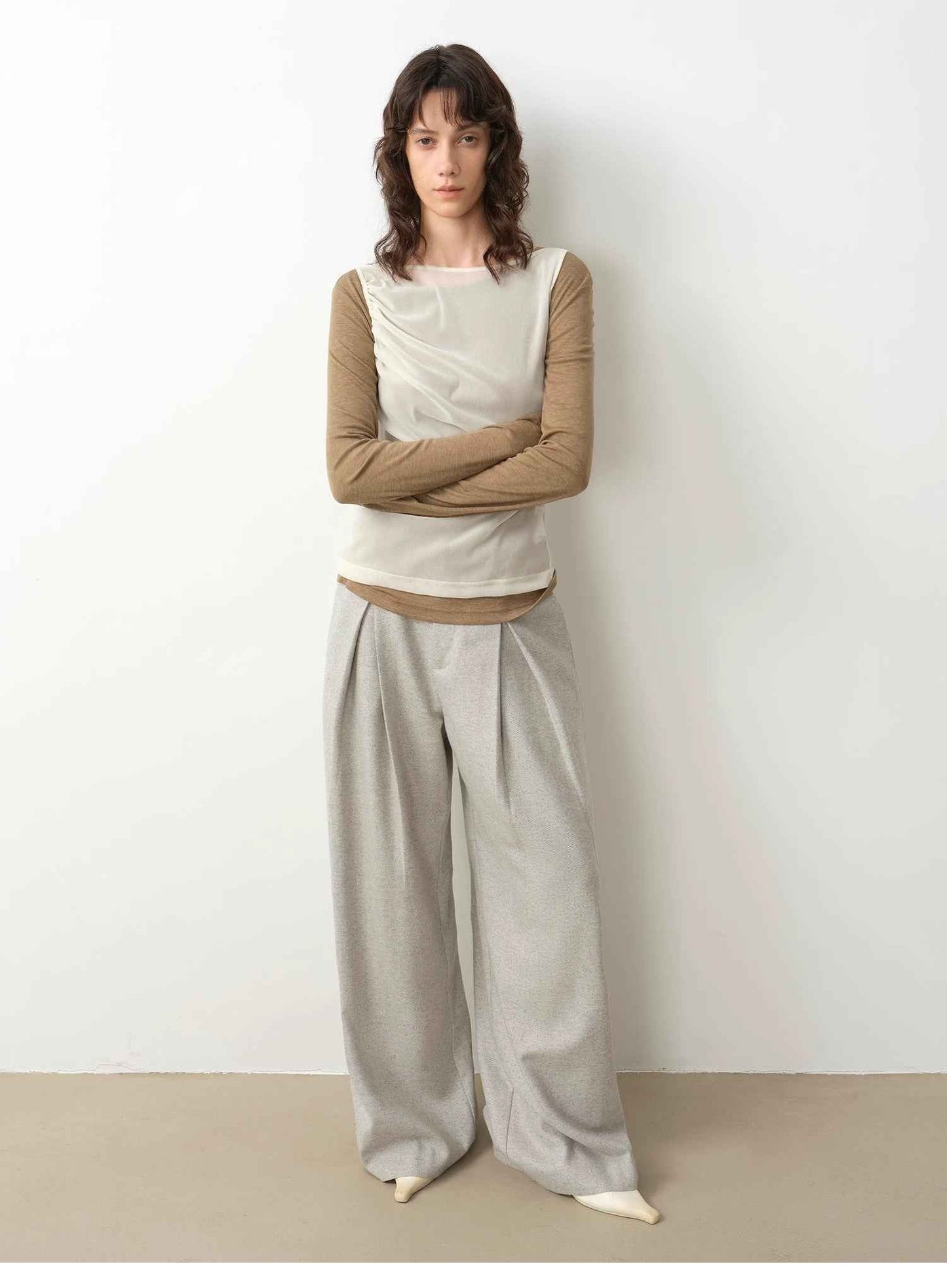 Casual & Relaxed Wool-Blend Double-Pleated Straight Draped Wide-Leg Casual Pants