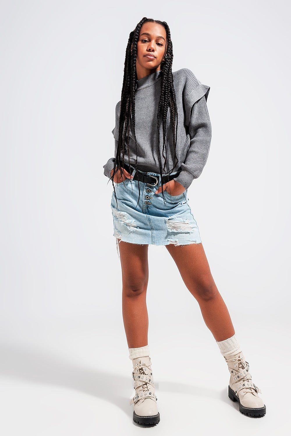 Light Blue Denim Button-Through Mini Skirt