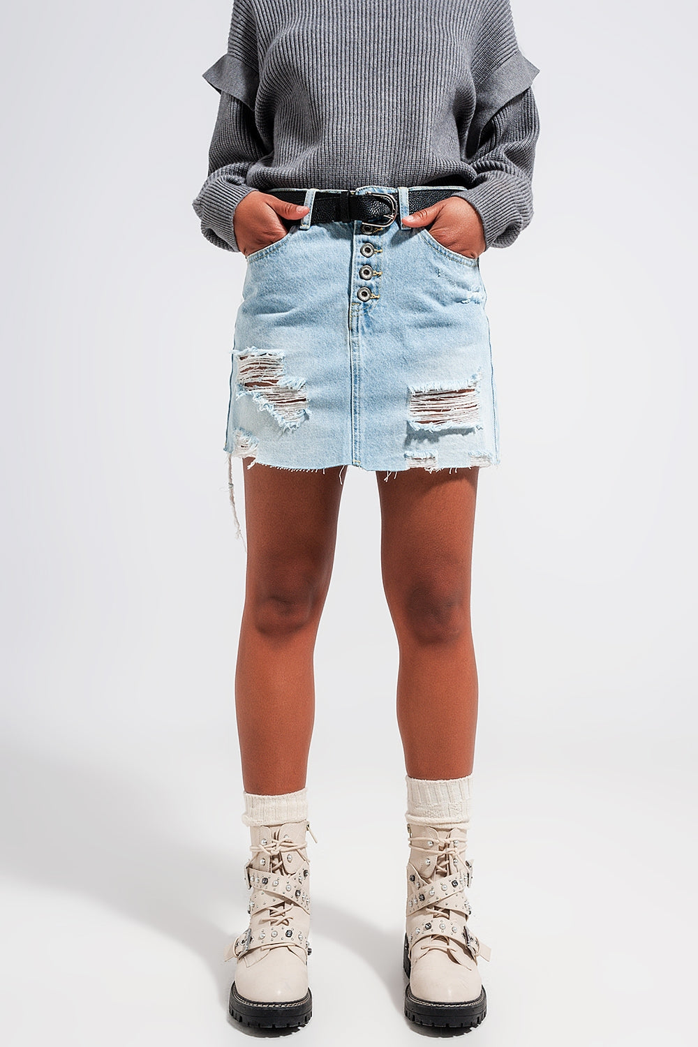 Light Blue Denim Button-Through Mini Skirt