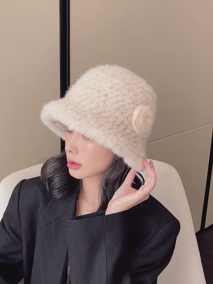 Mink Woven Fur Camellia Flower Bucket Hat