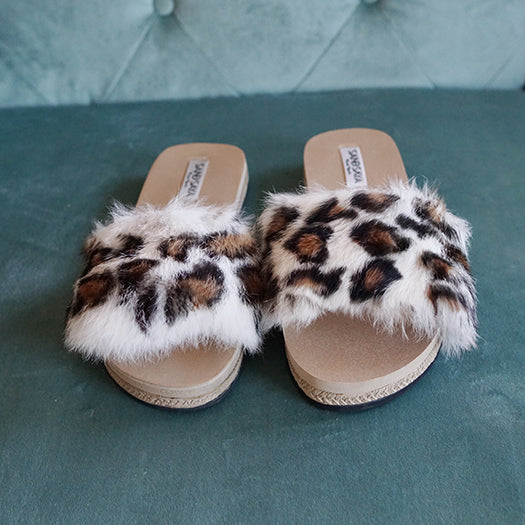 Leopard Rabbit Fur Espadrille Flat Slide Slippers