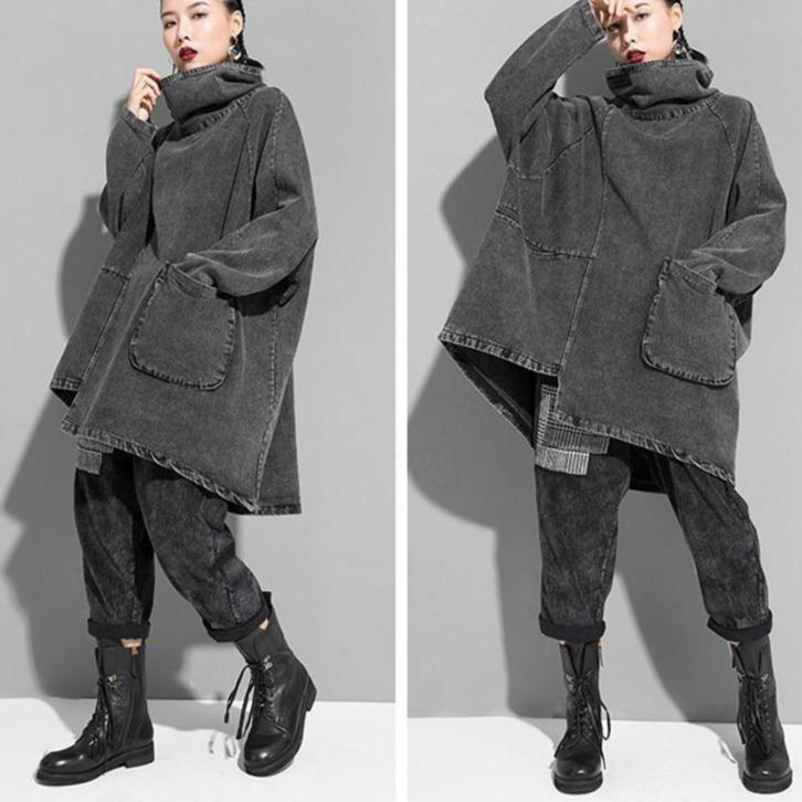 Reon Turtleneck Loose Denim Sweatshirt – Grey