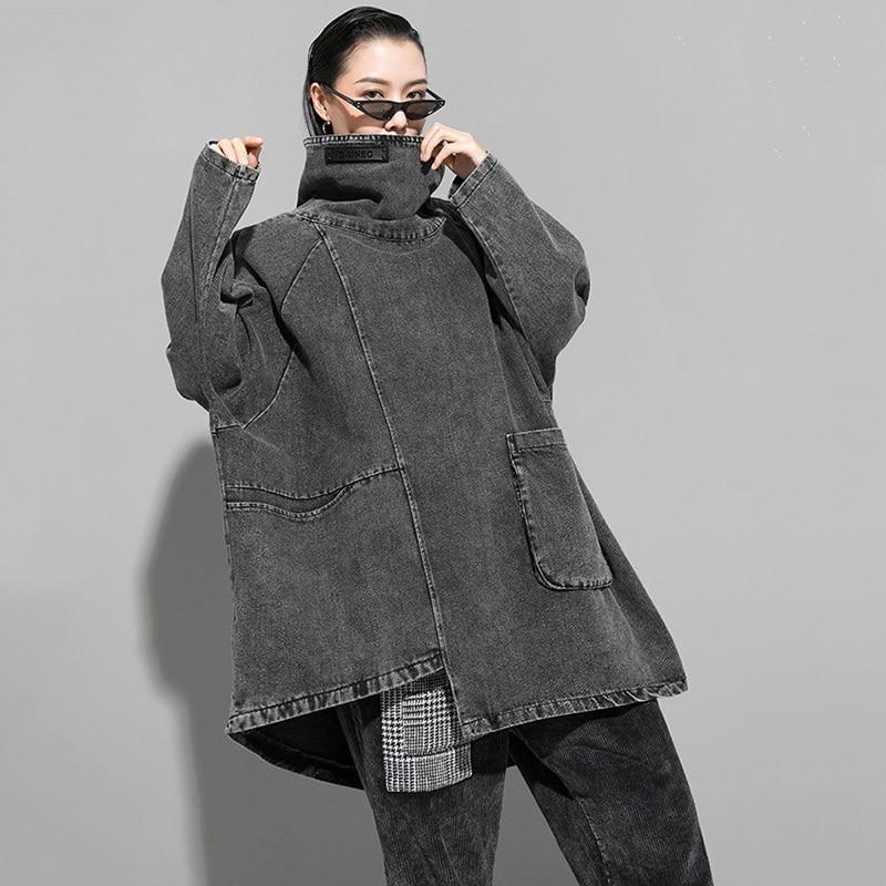 Reon Turtleneck Loose Denim Sweatshirt – Grey