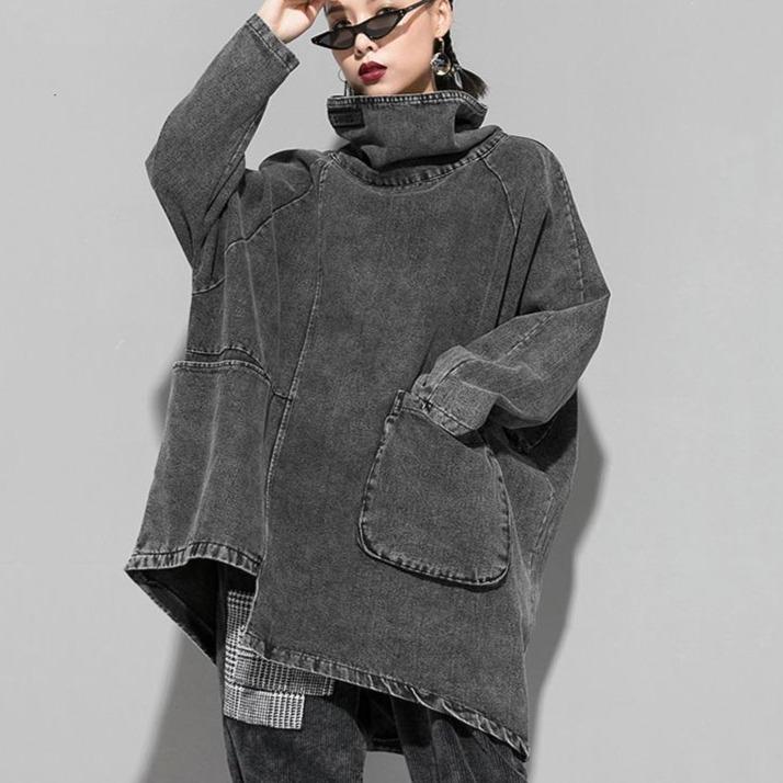 Reon Turtleneck Loose Denim Sweatshirt – Grey