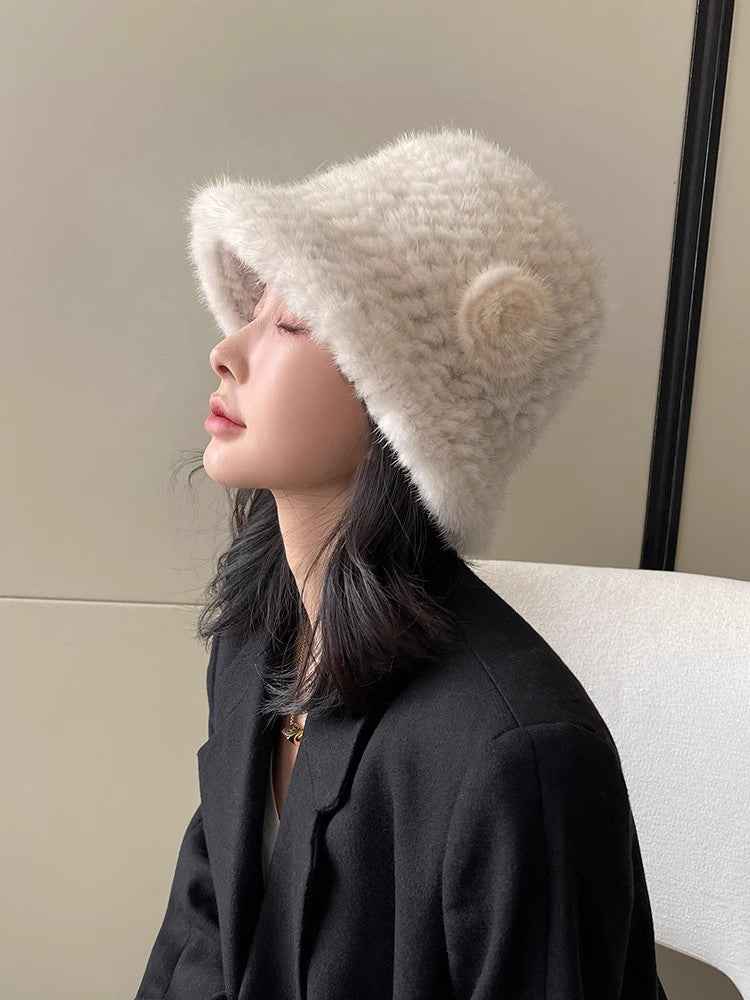 Mink Woven Fur Camellia Flower Bucket Hat