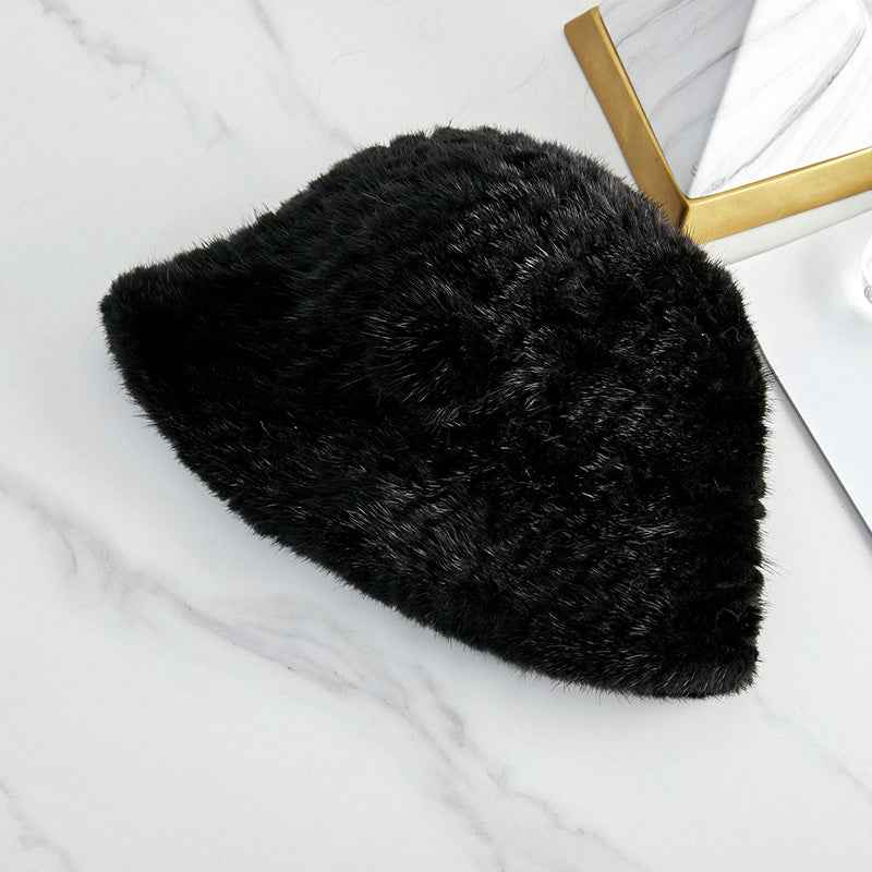 Mink Woven Fur Camellia Flower Bucket Hat