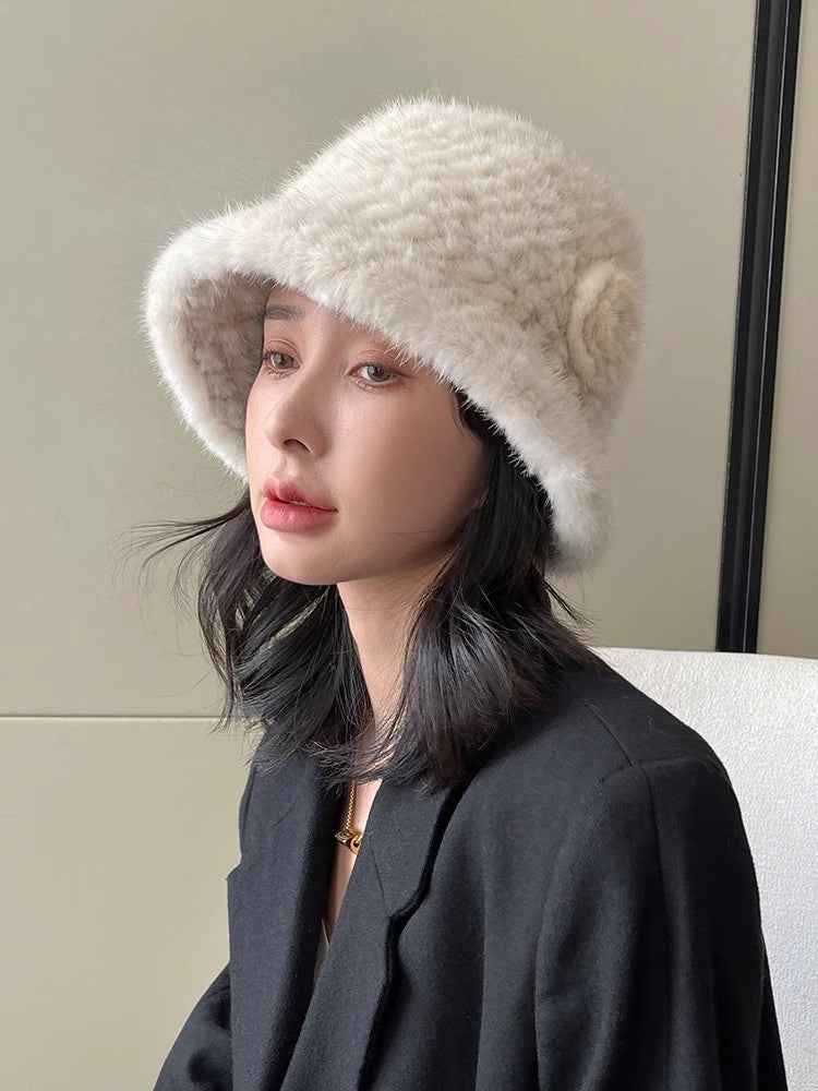 Mink Woven Fur Camellia Flower Bucket Hat