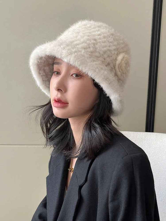 Mink Woven Fur Camellia Flower Bucket Hat