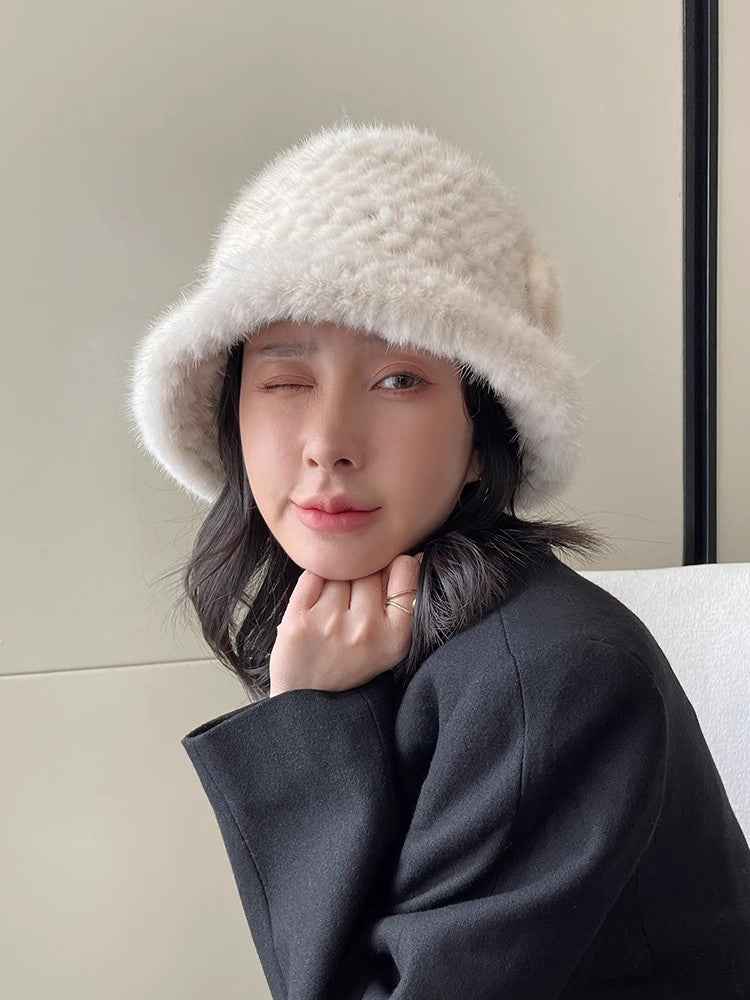 Mink Woven Fur Camellia Flower Bucket Hat