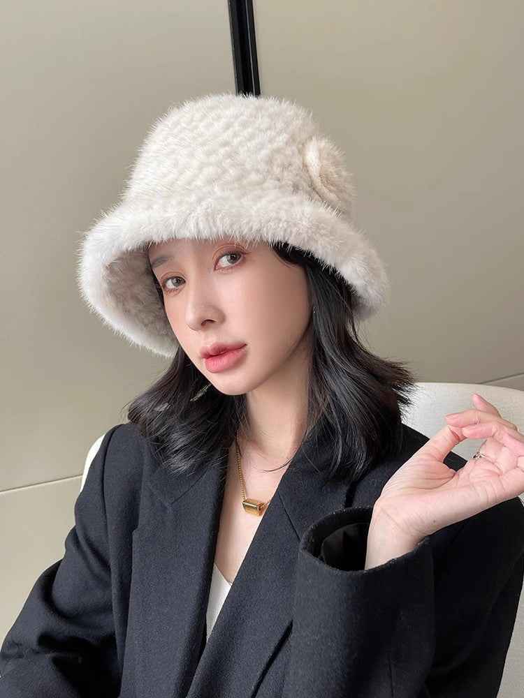 Mink Woven Fur Camellia Flower Bucket Hat