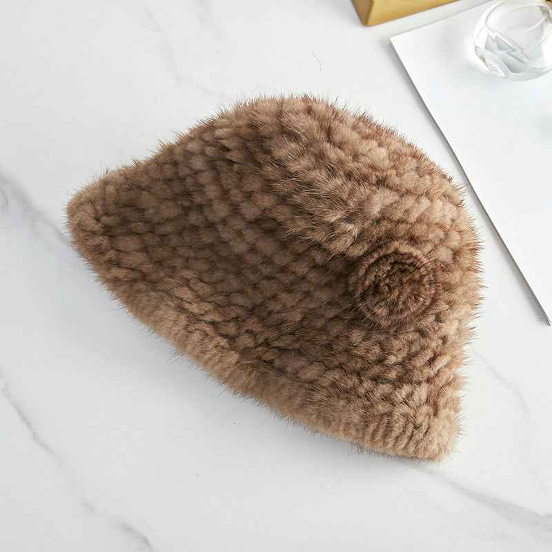 Mink Woven Fur Camellia Flower Bucket Hat