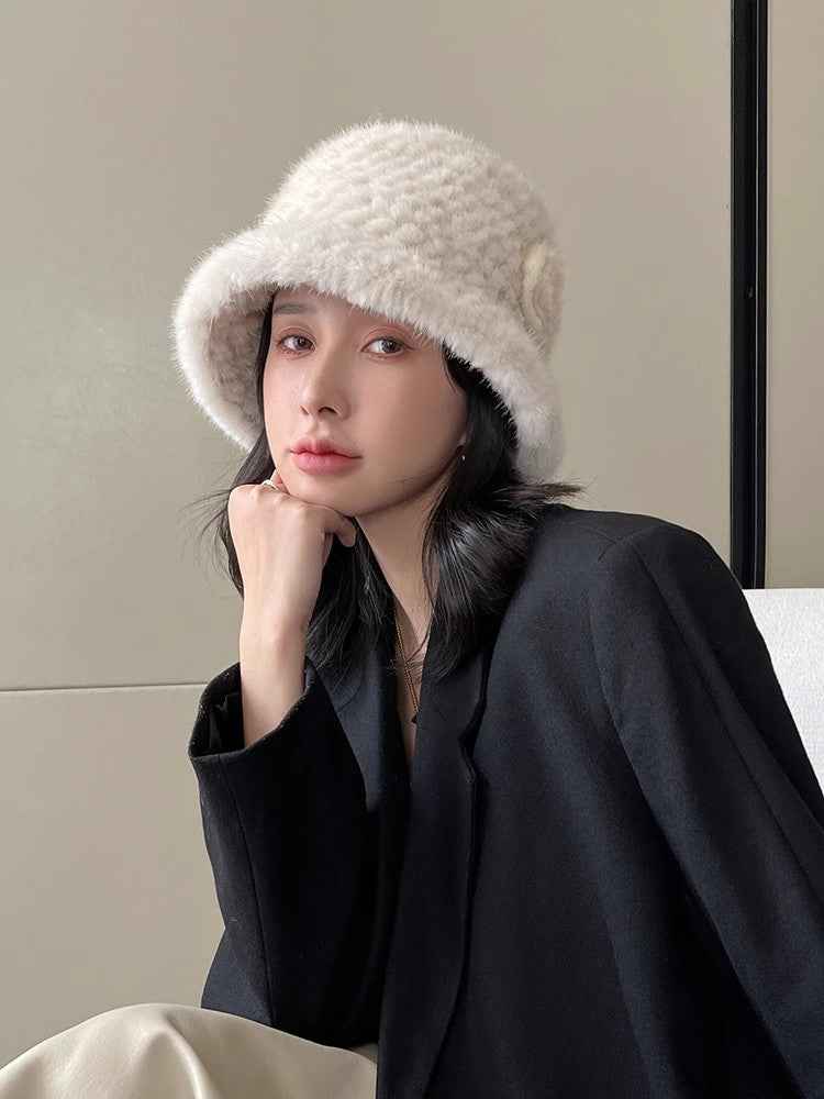 Mink Woven Fur Camellia Flower Bucket Hat