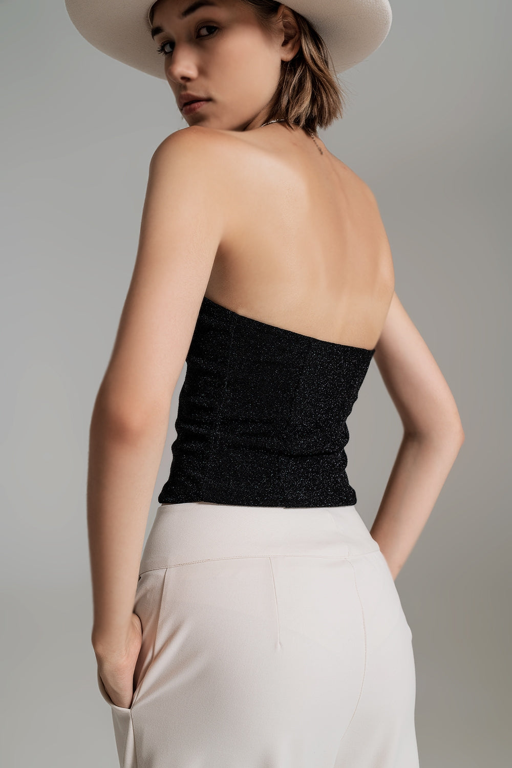 Strapless Shiny Lurex Tube Top – Black