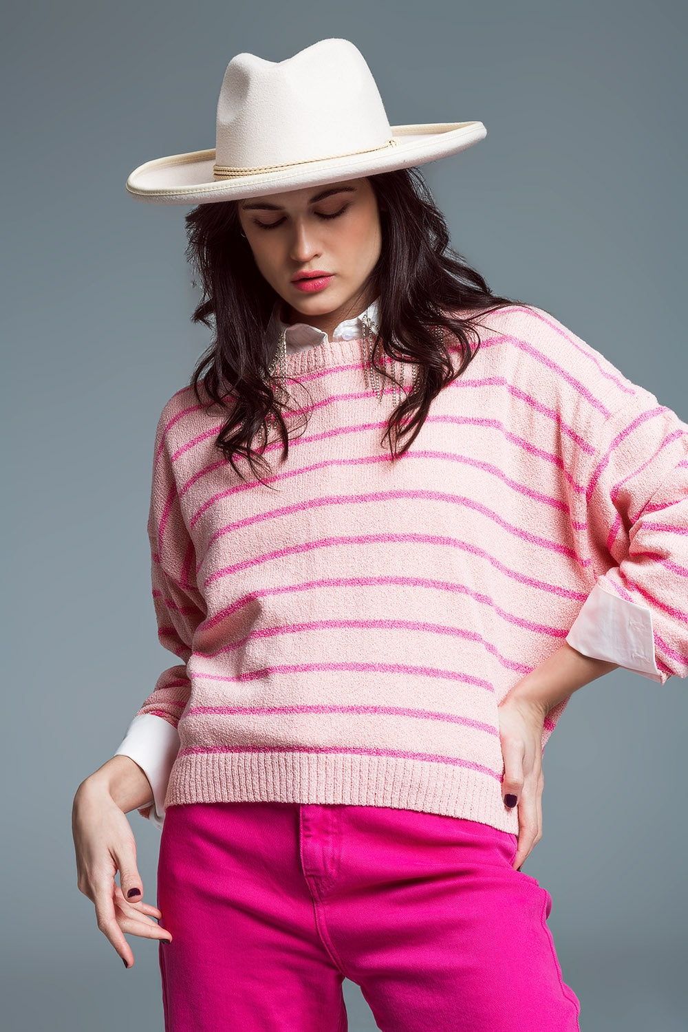 Striped Fine-Knit Crewneck Sweater