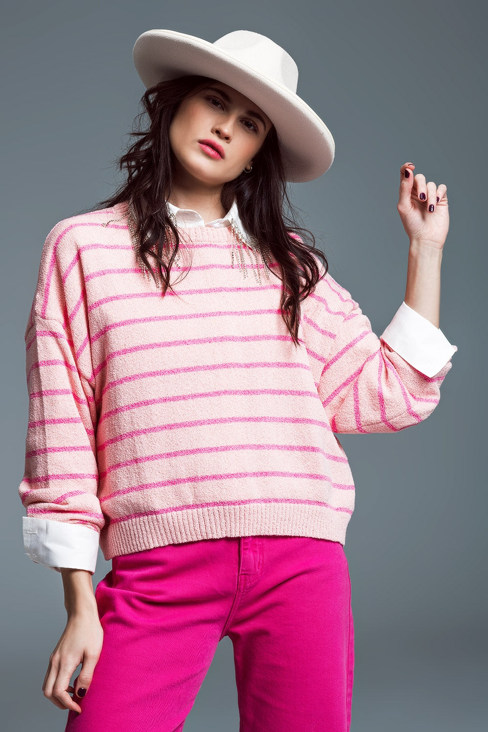 Striped Fine-Knit Crewneck Sweater
