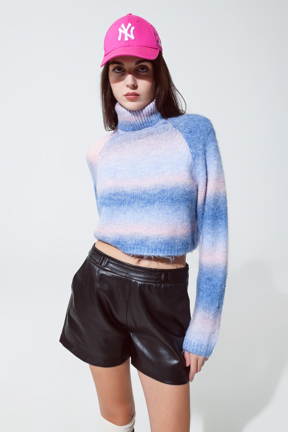 Turtleneck Sweater in Fluffy Knit in Blue and Pink Degrade