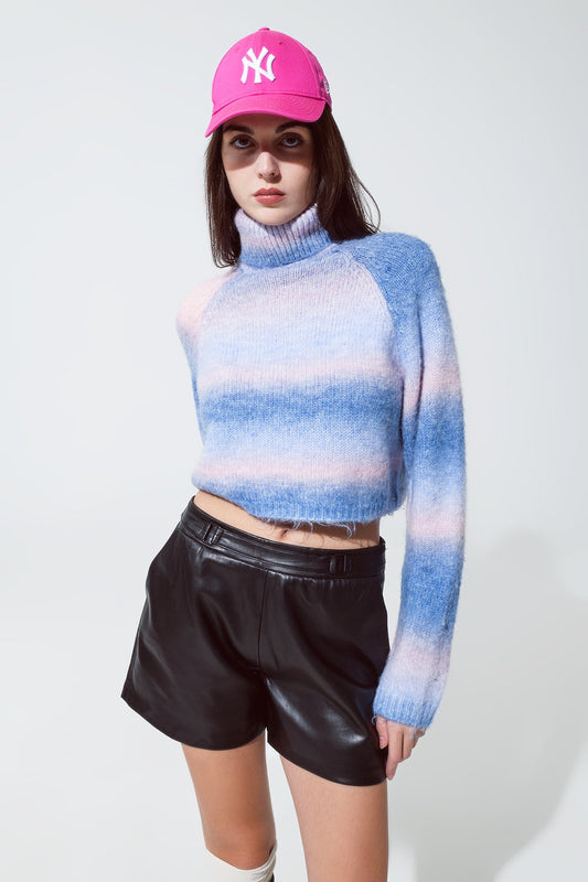 Turtleneck Sweater in Fluffy Knit in Blue and Pink Degrade