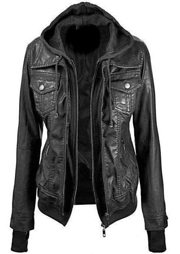 Women's Genuine Lambskin Leather Jacket with Removable Hoodie