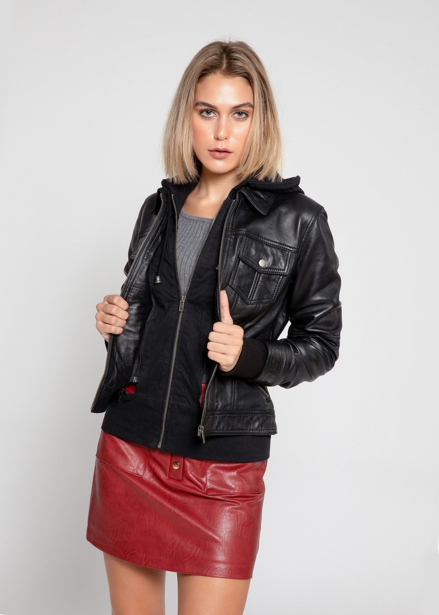 Women's Genuine Lambskin Leather Jacket with Removable Hoodie