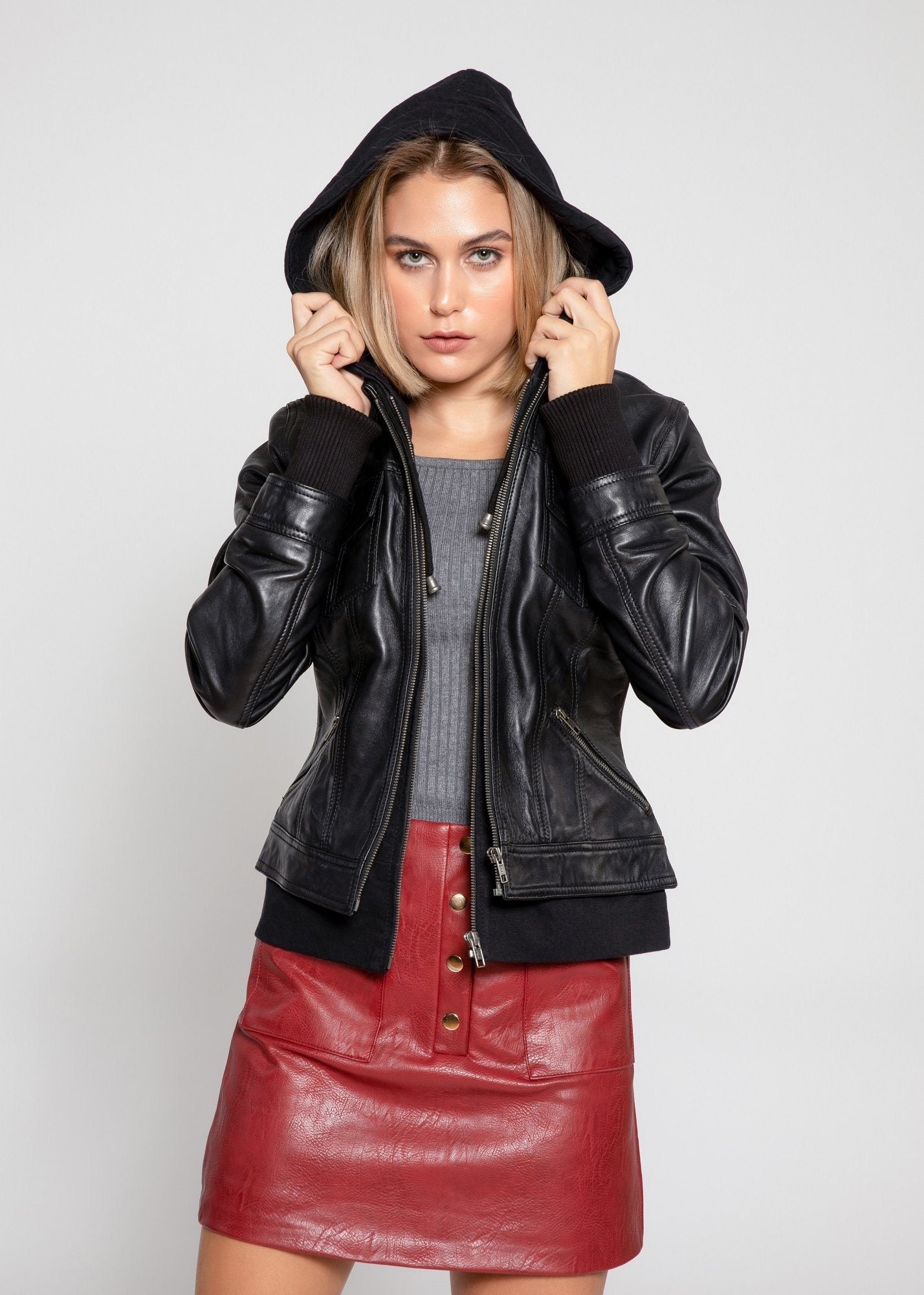 Women's Genuine Lambskin Leather Jacket with Removable Hoodie