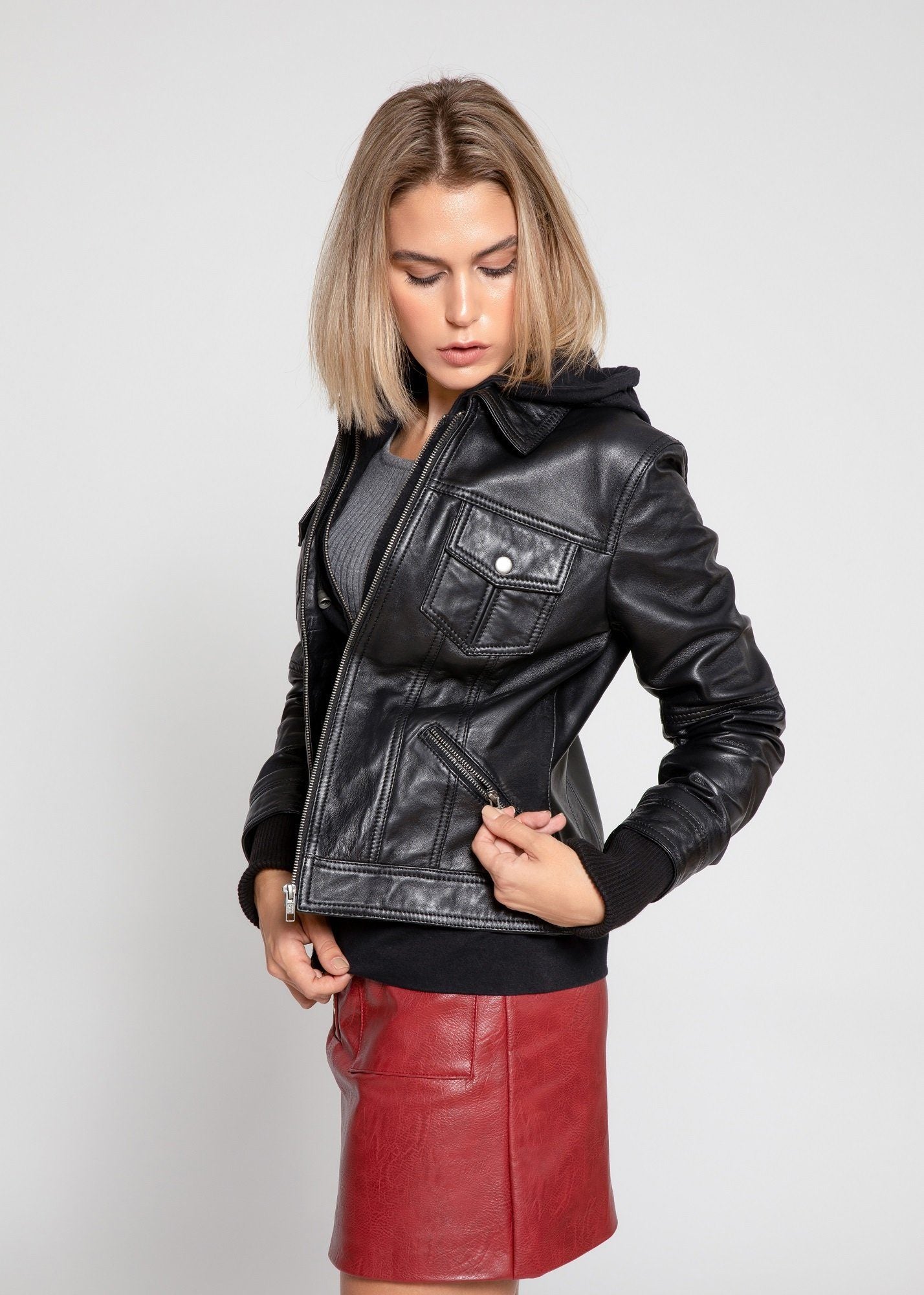 Women's Genuine Lambskin Leather Jacket with Removable Hoodie