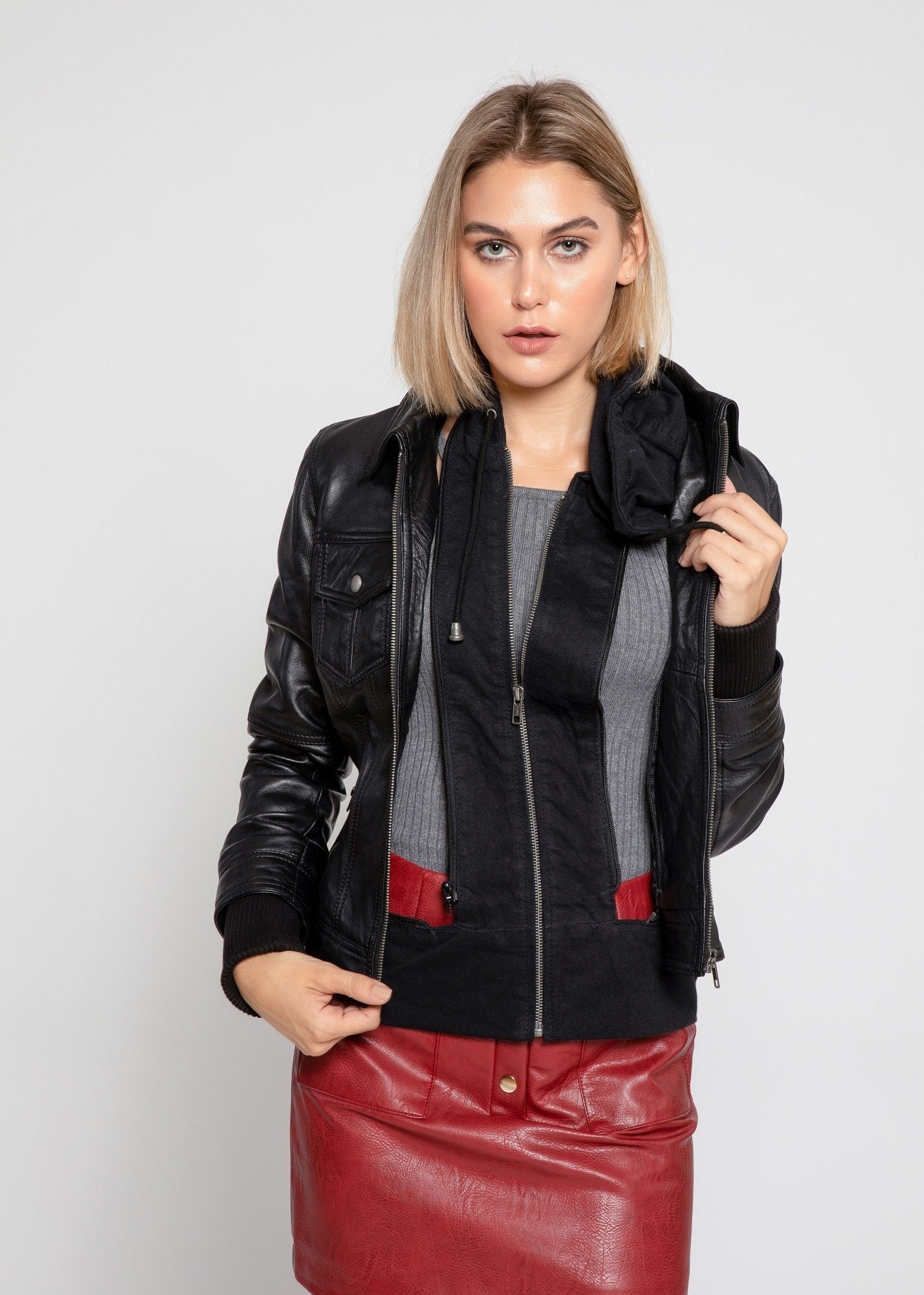 Women's Genuine Lambskin Leather Jacket with Removable Hoodie