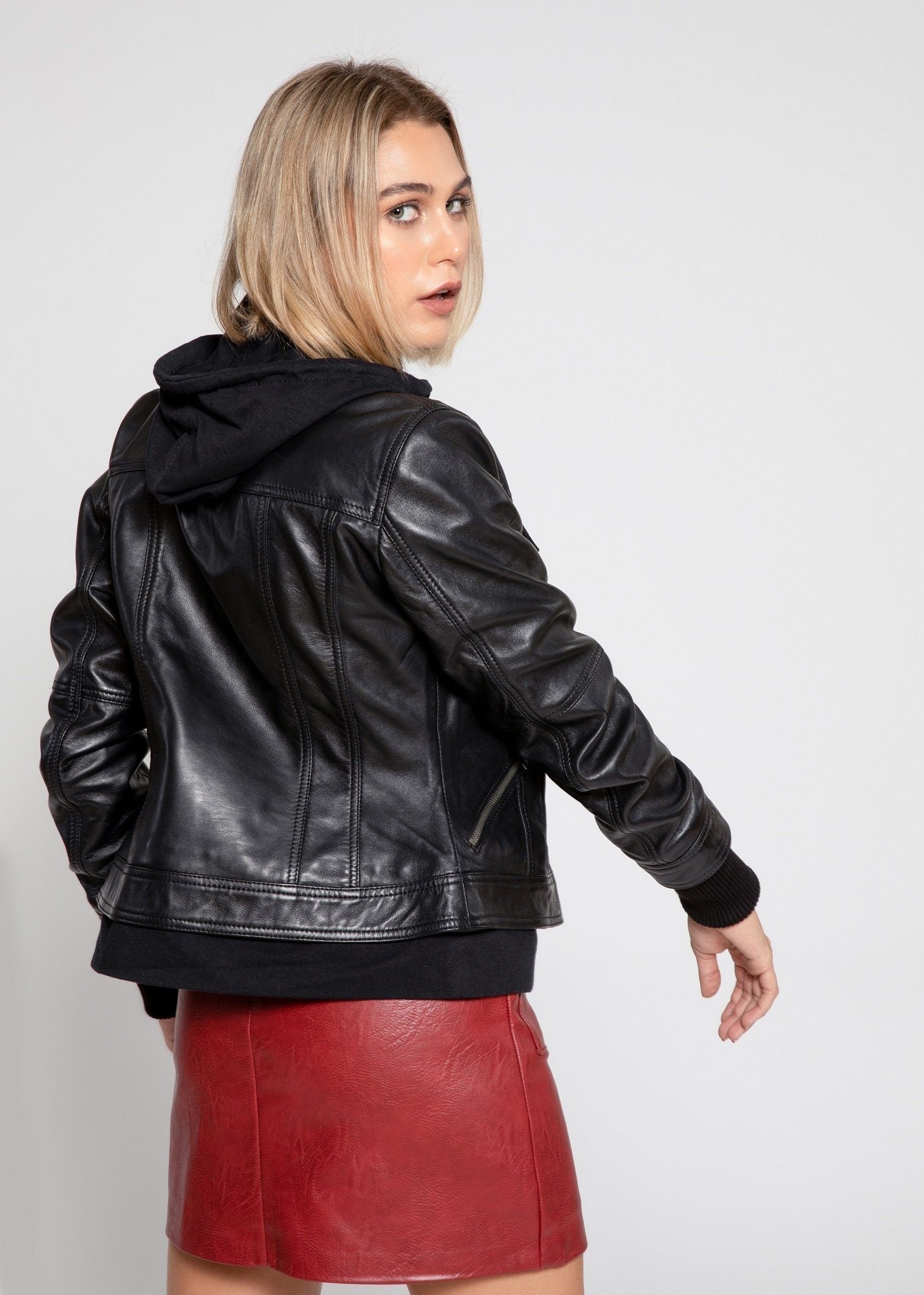 Women's Genuine Lambskin Leather Jacket with Removable Hoodie